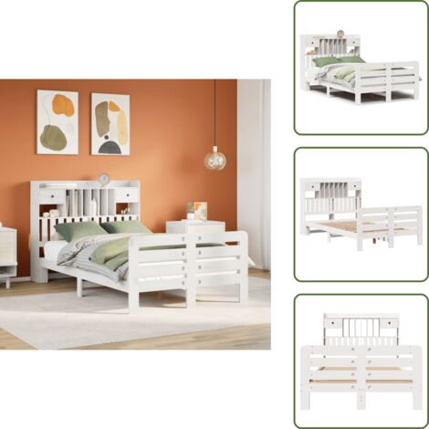 The Living Store Cama con estantería sin colchón madera maciza blanca 135x190 cm - Cama de madera
