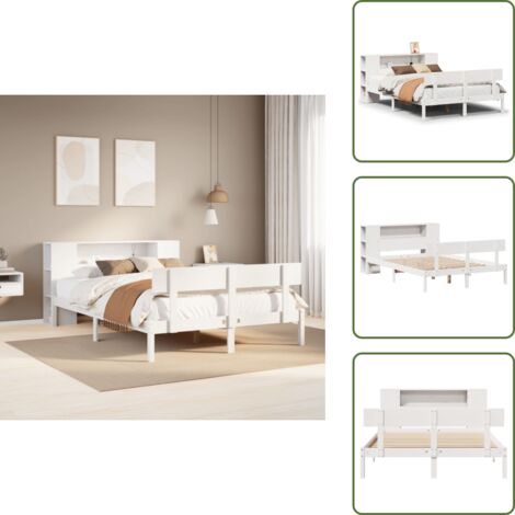 The Living Store Cama con estantería sin colchón madera maciza blanca 135x190 cm - Cama de madera