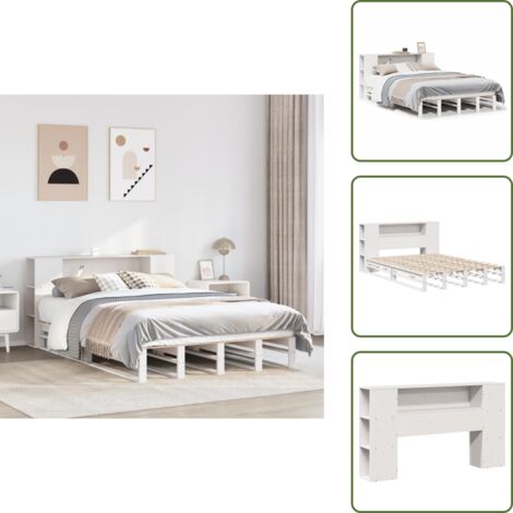 The Living Store Cama con estantería sin colchón madera maciza blanca 135x190 cm - Cama de madera