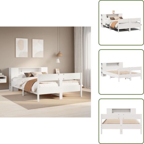 The Living Store Cama con estantería sin colchón madera maciza blanca 135x190 cm - Cama de madera