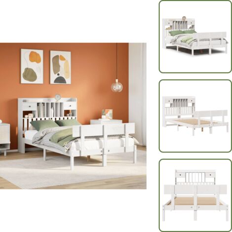 The Living Store Cama con estantería sin colchón madera maciza blanca 135x190 cm - Cama de madera