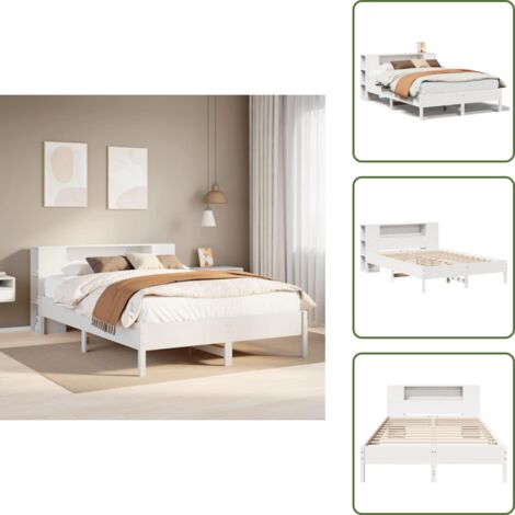 The Living Store Cama con estantería sin colchón madera maciza blanca 135x190 cm - Cama sin colchón