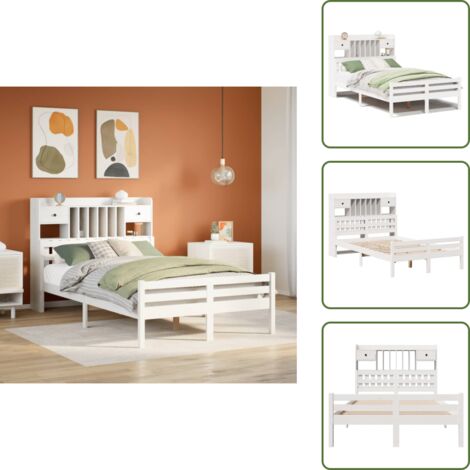 The Living Store Cama con estantería sin colchón madera maciza blanca 135x190 cm - Cama sin colchón