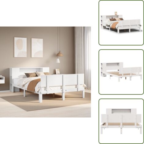 The Living Store Cama con estantería sin colchón madera maciza blanca 150x200 cm - Cama de madera