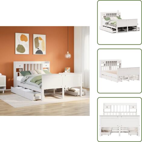 The Living Store Cama con estantería sin colchón madera maciza blanca 150x200 cm - Cama sin colchón