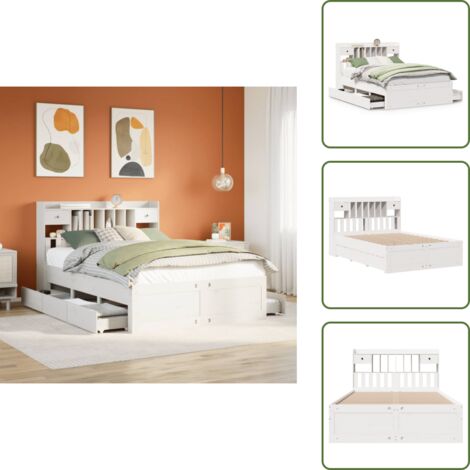 The Living Store Cama con estantería sin colchón madera maciza blanca 150x200 cm - Cama sin colchón