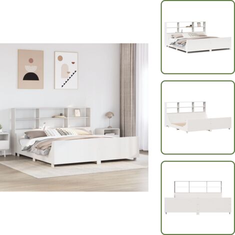 The Living Store Cama con estantería sin colchón madera maciza blanca 180x200 cm - Cama sin colchón