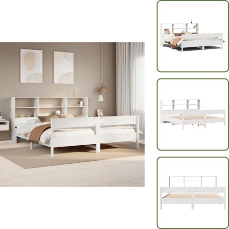 The Living Store Cama con estantería sin colchón madera maciza blanca 180x200 cm - Cama sin colchón
