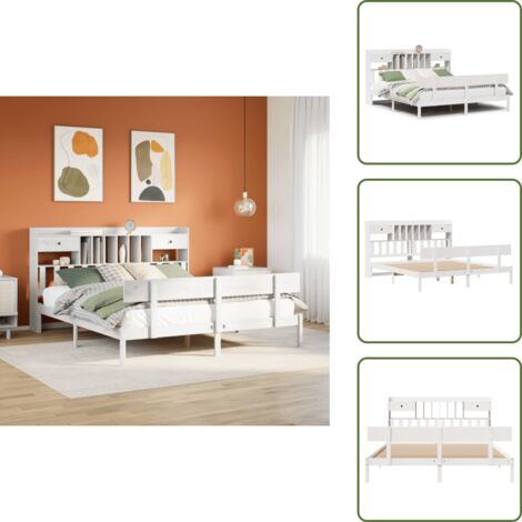 The Living Store Cama con estantería sin colchón madera maciza blanca 180x200 cm - Cama sin colchón