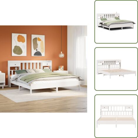 The Living Store Cama con estantería sin colchón madera maciza blanca 180x200 cm - Cama sin colchón