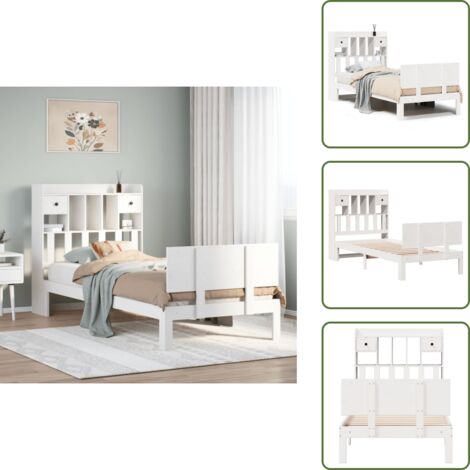 The Living Store Cama con estantería sin colchón madera maciza blanco 90x200 cm - Cama sin colchón