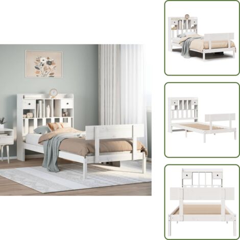 The Living Store Cama con estantería sin colchón madera maciza blanco 90x200 cm - Cama sin colchón
