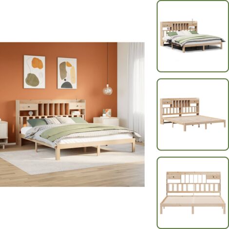 The Living Store Cama con estantería sin colchón madera maciza de pino 180x200cm - Cama de madera