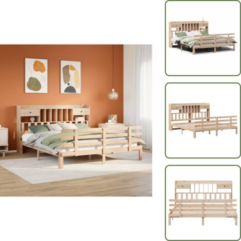 The Living Store Cama con estantería sin colchón madera maciza de pino 180x200cm - Cama de madera