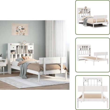 The Living Store Cama con estantería sin colchón madera maciza de pino 90x190 cm - Cama de madera