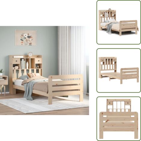 The Living Store Cama con estantería sin colchón madera maciza de pino 90x200 cm - Cama de madera