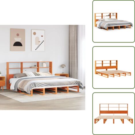 The Living Store Cama con estantería sin colchón madera maciza marrón 180x200 cm - Cama de madera