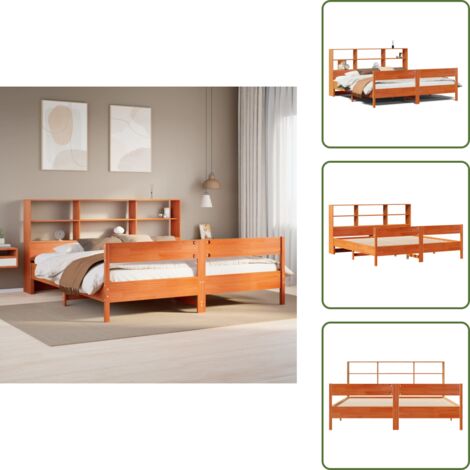 The Living Store Cama con estantería sin colchón madera maciza marrón 180x200cm - Cama sin colchón