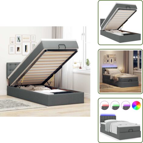 The Living Store Cama otomana con colchón y LED tela gris oscuro 80x200cm - Colchón con muelles ensacados
