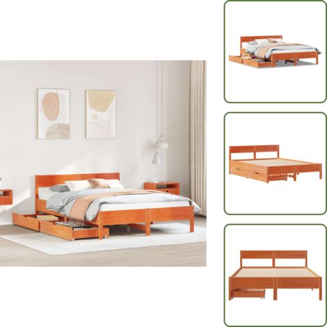The Living Store Cama sin colchón madera maciza pino marrón cera 150x200 cm - Cama de madera