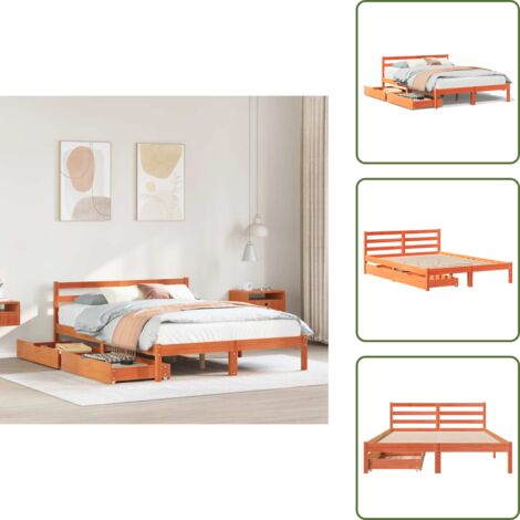 The Living Store Cama sin colchón madera maciza pino marrón cera 150x200 cm - Cama de madera