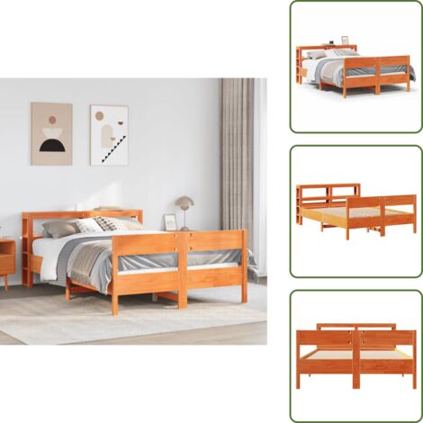 The Living Store Cama sin colchón madera maciza pino marrón cera 150x200 cm - Cama de madera