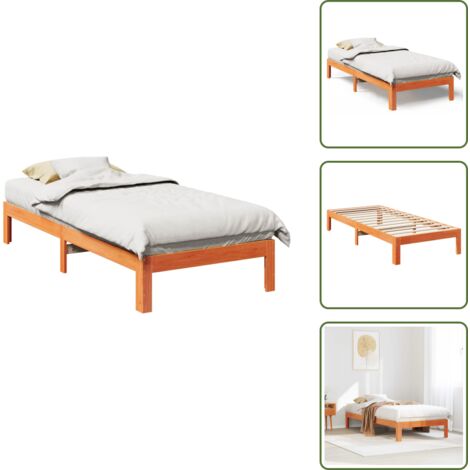 The Living Store Cama sin colchón madera maciza pino marrón cera 80x200 cm - Cama de madera