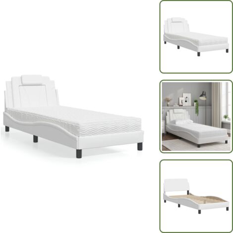 The Living Store Cama Viana con colchón cuero sintético blanco 90x190 cm - Colchón de espuma