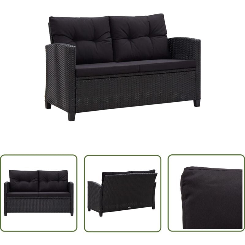 The Living Store - Canapé 2 places de jardin et coussins Noir 124cm Résine tressée - Canapé De Jardin - Mobilier De Jardin - Canapé Extérieur