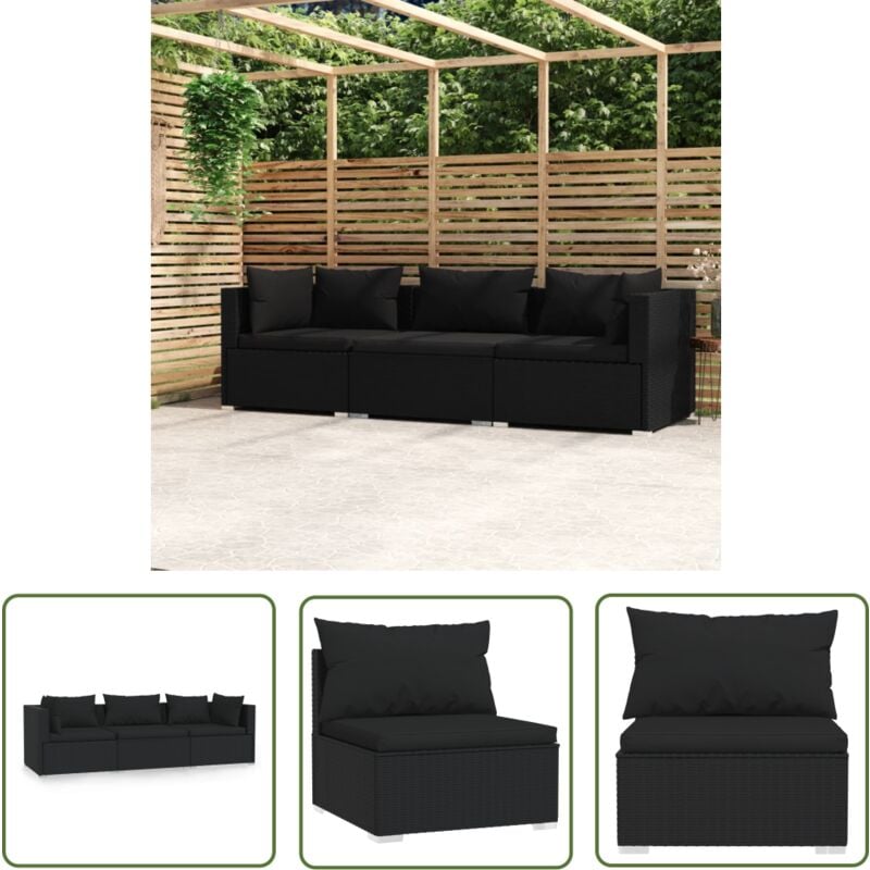 The Living Store - Canapé 3 places avec coussins Noir Résine tressée - Canapé Extérieur - Salon De Jardin - Mobilier De Jardin - Ensemble De Salon