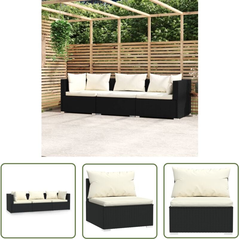 The Living Store - Canapé 3 places avec coussins Noir Résine tressée - Canapé De Jardin - Salon De Jardin - Mobilier De Jardin - Meubles De Terrasse