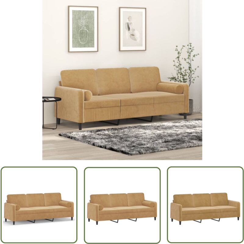 The Living Store Canapé 3 places avec oreillers décoratifs marron 180 cm velours - Canapé Trois Places - Canapé Velours - Canapé Moderne - Meubles