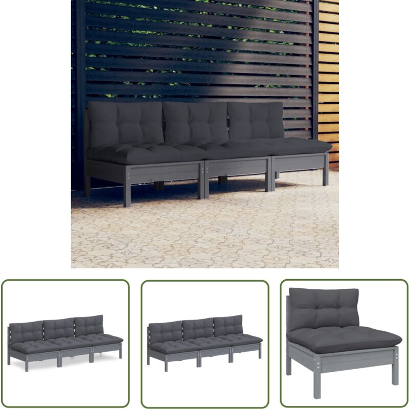The Living Store - Canapé 3 places de jardin avec coussins anthracite Bois de pin - Canapé De Jardin - Mobilier De Jardin - Canapé D'extérieur
