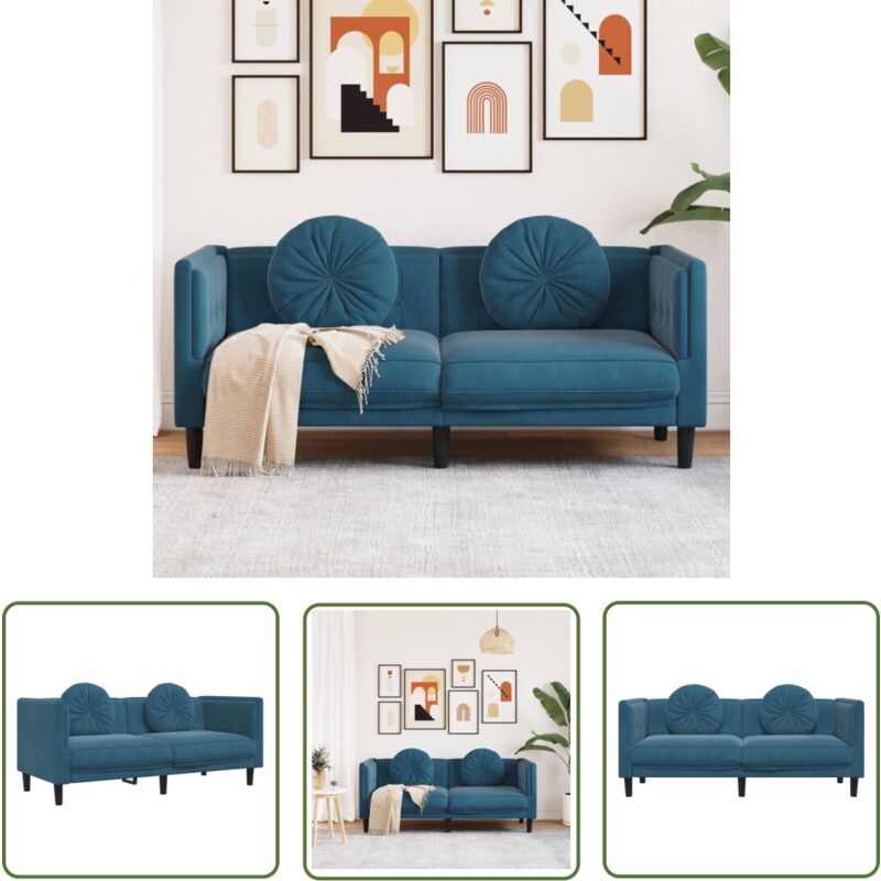 Canapé avec coussins 2 places bleu velours - Canapé Deux Places - Canapé Velours - Canapé Bleu - Meuble Salon - Fauteuil Relaxant - The Living Store