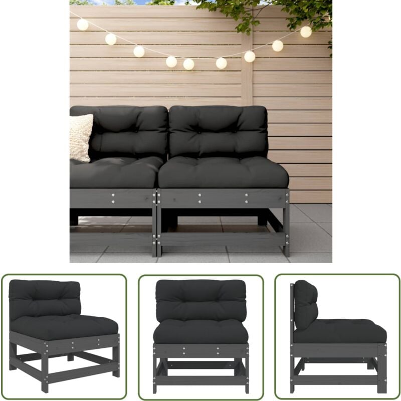 The Living Store - Canapé central avec coussins gris bois de pin massif - Canapé Extérieur - Mobilier De Jardin - Canapé Sectionnel - Meubles De