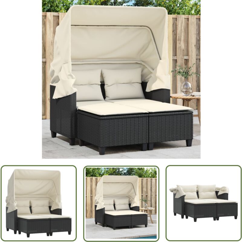 Canapé de jardin 2 places avec auvent et tabourets noir rotin - Canapé De Jardin - Mobilier De Jardin - Salon De Jardin - Résine Tressée - Rotin