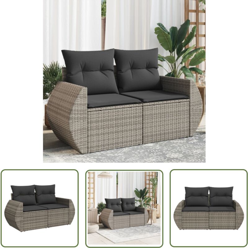 The Living Store - Canapé de jardin 2 places avec coussins gris résine tressée - Canapé De Jardin - Salon De Jardin - Meuble De Jardin - Résine