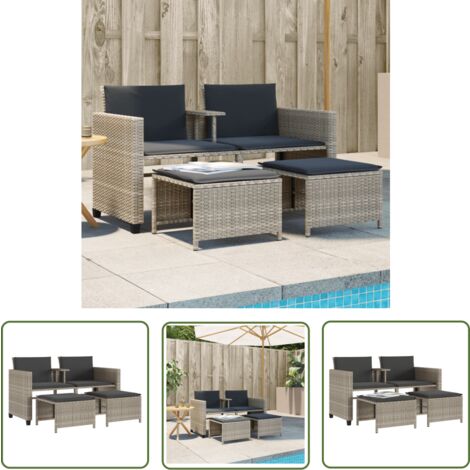 The Living Store Canapé de jardin 2 places avec table tabourets gris clair rotin - Canapé De Jardin - Salon De Jardin - Meuble De Jardin - Résine Tressée - Rotin