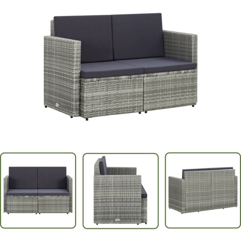 The Living Store Canapé de jardin à 2 places avec coussins Gris Résine tressée - Canapé De Jardin - Canapé Extérieur - Mobilier De Jardin - Meubles