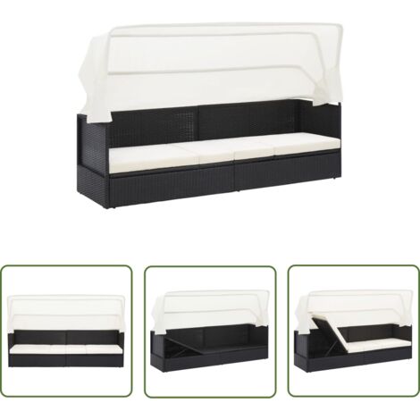 The Living Store Canapé de jardin avec auvent Noir Résine tressée - Canapé De Jardin - Fauteuil De Jardin - Bains De Soleil - Mobilier De Jardin - Chaises Longues