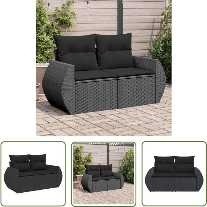 The Living Store - Canapé de jardin avec coussins 2 places noir résine tressée - Canapé De Jardin - Salon De Jardin - Meuble De Jardin - Résine