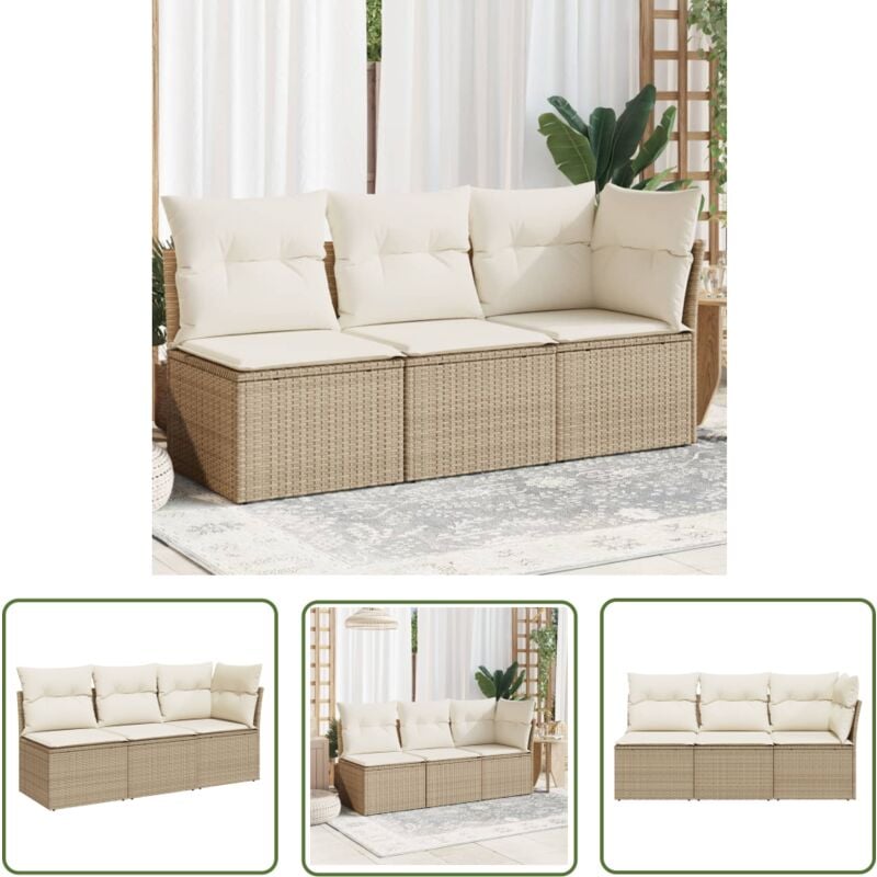 The Living Store - Canapé de jardin avec coussins 3 places beige résine tressée - Canapé De Jardin - Meuble De Jardin - Salon De Jardin - Résine