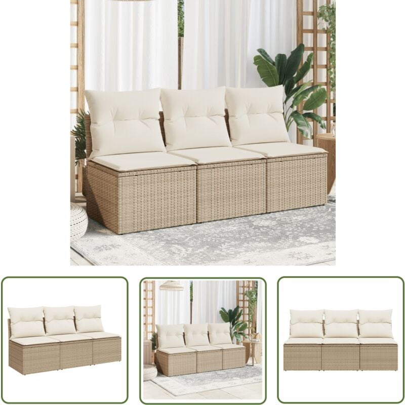 The Living Store - Canapé de jardin avec coussins 3 places beige résine tressée - Canapé De Jardin - Salon De Jardin - Meuble De Jardin - Résine