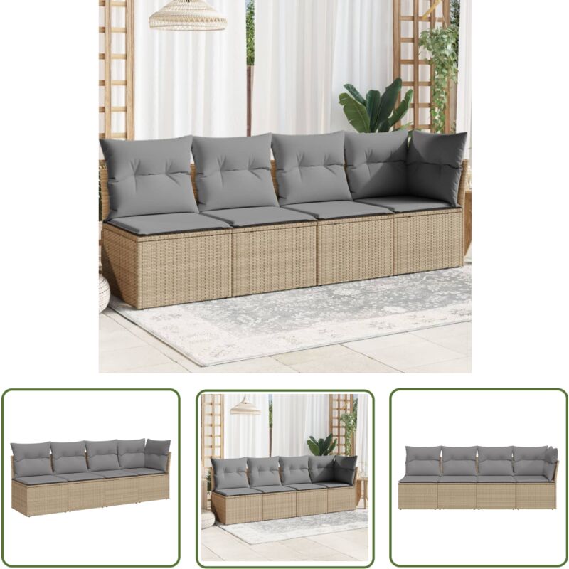 The Living Store - Canapé de jardin avec coussins 4 places beige résine tressée - Canapé De Jardin - Salon De Jardin - Meuble De Jardin - Résine