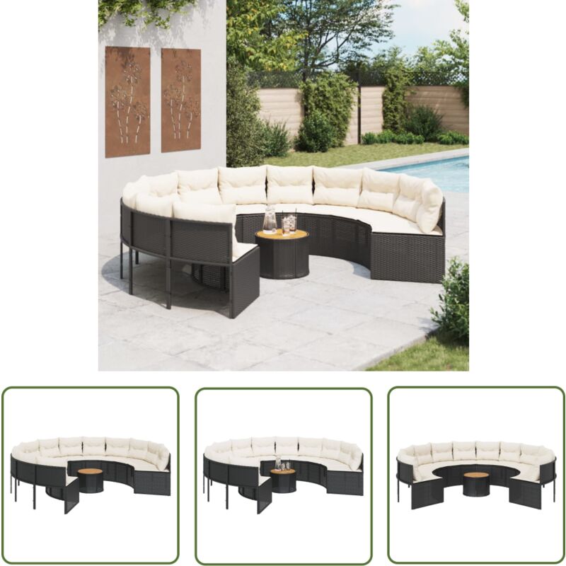 Canapé de jardin avec table coussins rond noir résine tressée - Canapé De Jardin - Canapé Extérieur - Salon De Jardin - Ensemble De Jardin - Mobilier