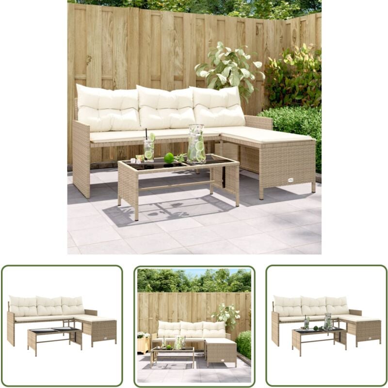 The Living Store - Canapé de jardin avec table et coussins en forme de l beige - Canapé Jardin - Salon De Jardin - Ensemble Jardin - Mobilier
