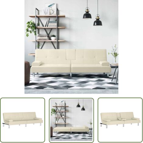 The Living Store Canapé-lit avec porte-gobelets crème similicuir - Canapé Lit - Canapé Convertible - Canapé Clic Clac - Meuble Salon - Meubles Living