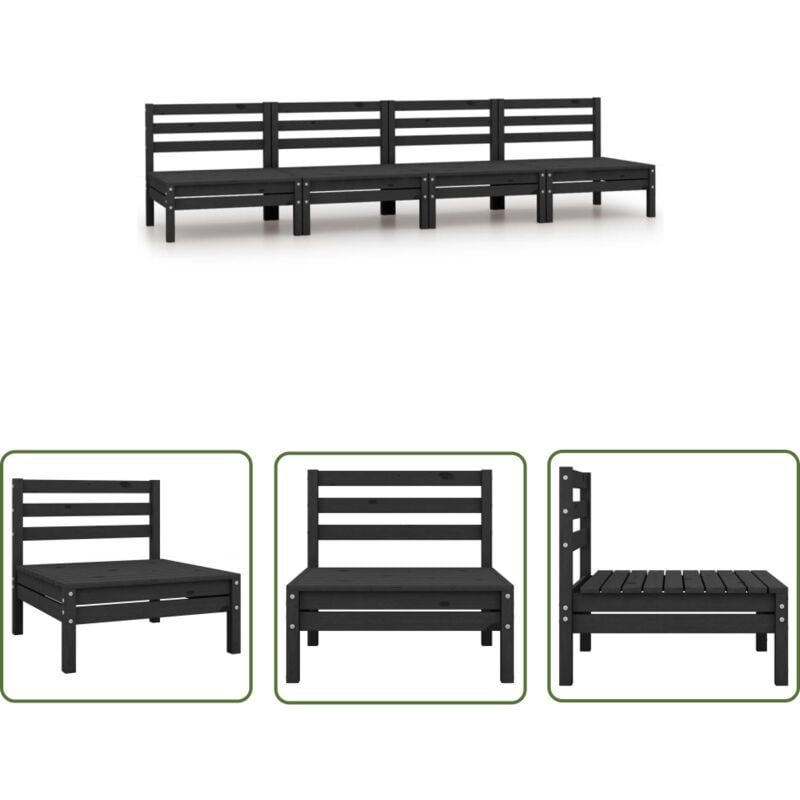 The Living Store - Canapés centraux de jardin 4 pcs Noir Bois de pin massif - Canape De Jardin - Mobilier De Jardin - Canapé En Bois - Canapé