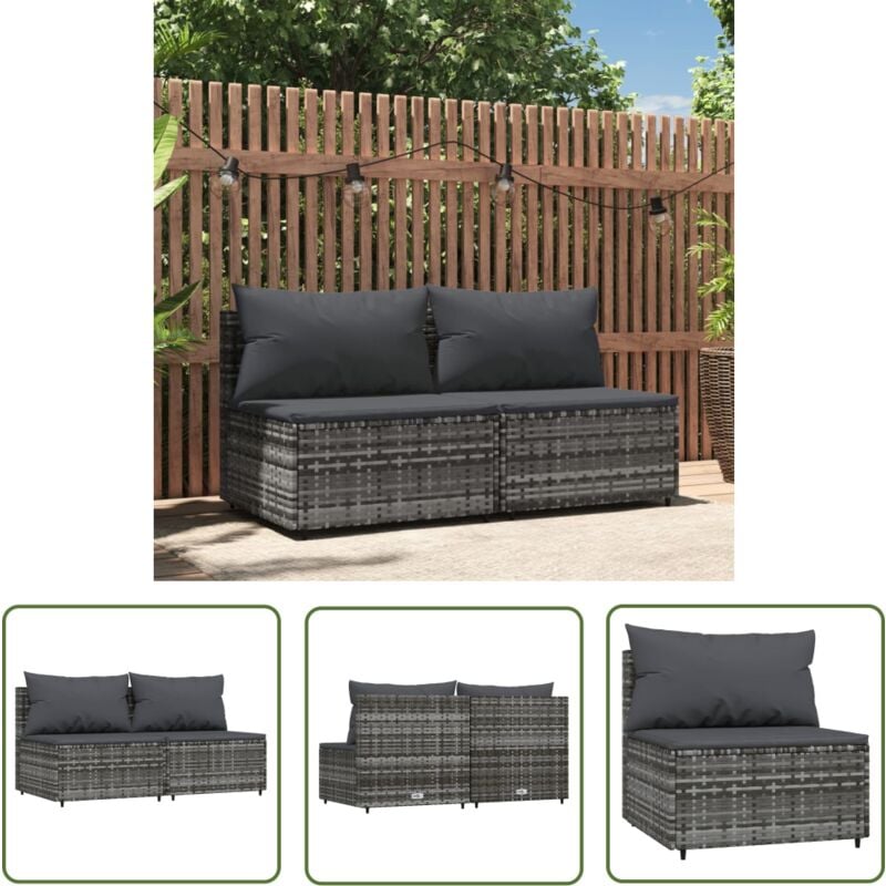 The Living Store Canapés centraux de jardin et coussins 2pcs Gris Résine tressée - Canape De Jardin - Mobilier De Jardin - Canapé Extérieur - Meubles