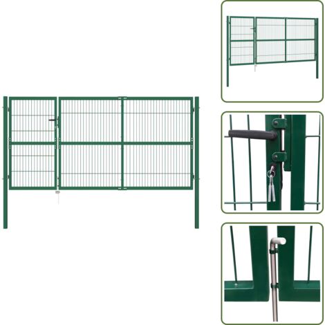 The Living Store Cancello per Recinzione da Giardino con Pali 350x140 cm in Acciaio Verde - Recinzione in acciaio